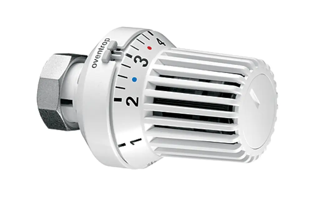 Weißer Oventrop-Thermostat mit Einstellknopf und Temperaturmarkierungen, zur Regelung von Heizungsanlagen, mit Flüssigfühler im kompakten Design.